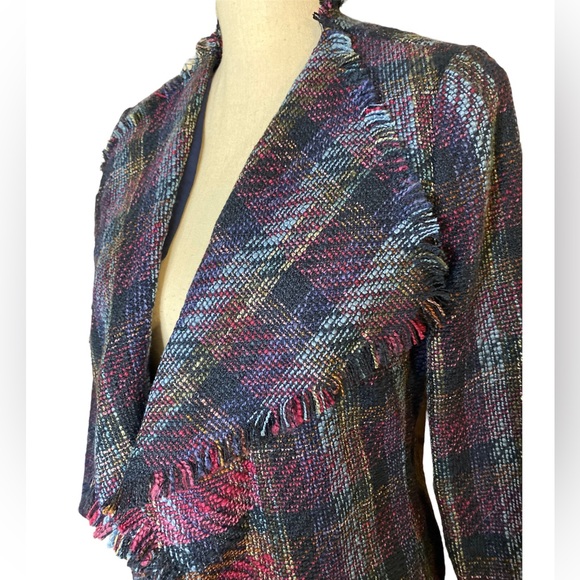 Sold!!!KARL LAGERFELD Paris Dress Jacket Size 6 Plaid Tweed Blue Multi Waterfall - Picture 3 of 11